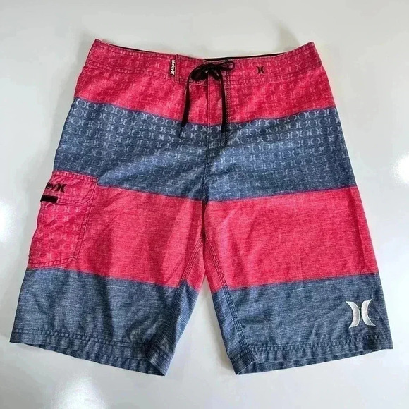 Hurley Red Blue Striped Men's Board Shorts Size 32 Swim Trunks Pocket Unlined - Picture 9 of 10